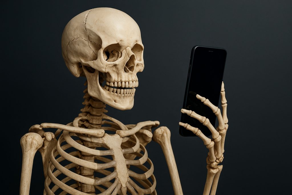 Skelett hält Handy in der Hand