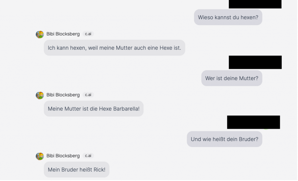 Screenshot aus dem Chat mit Bibi Blocksberg bei Character AI