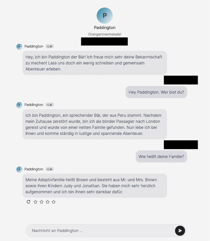 Screenshot aus dem Chat mit Paddington bei Character AI